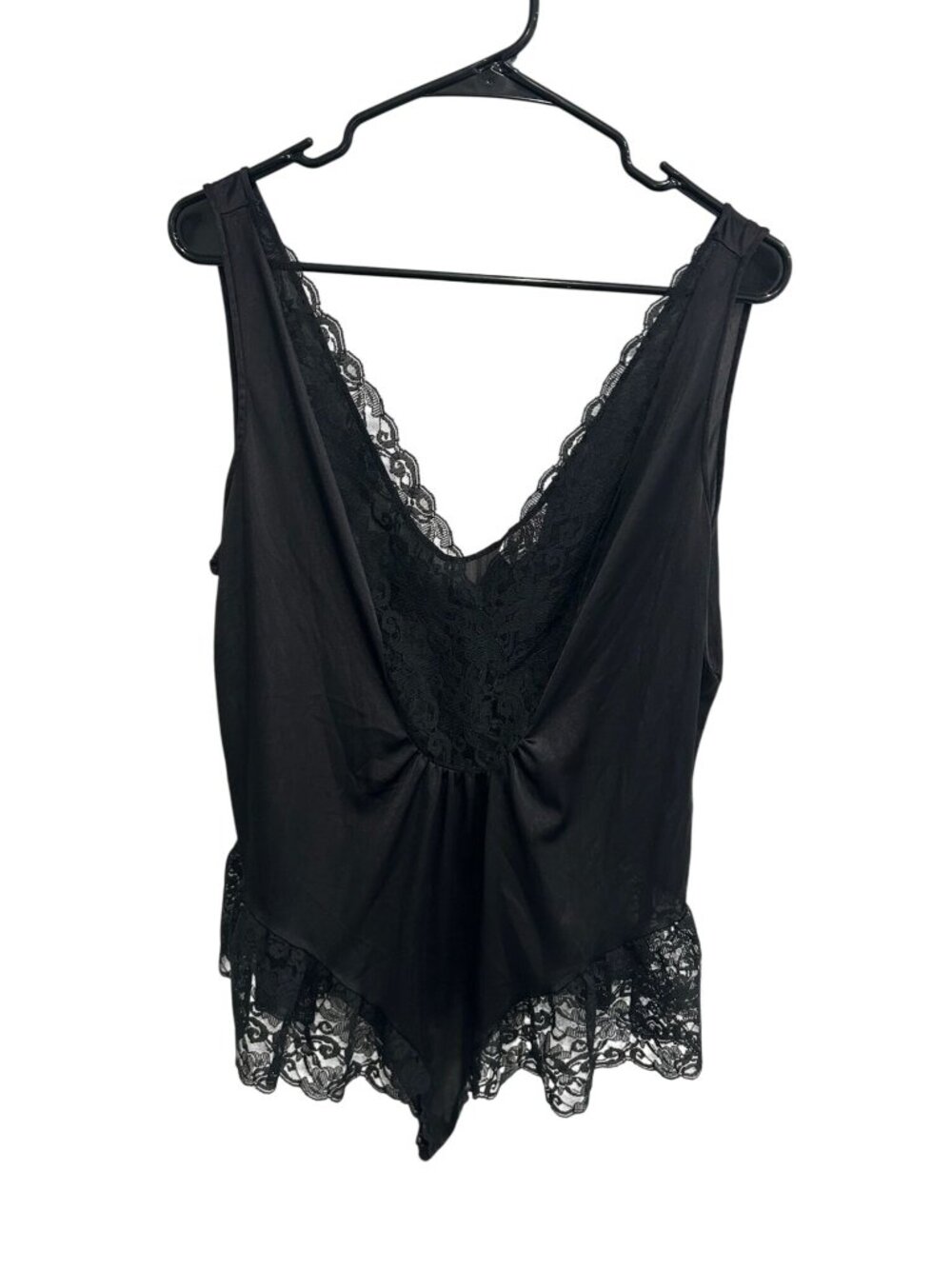 Kayser Black Lace Trim Bodysuit Deep V-Neck Hook Closure Gothic Romanticcore